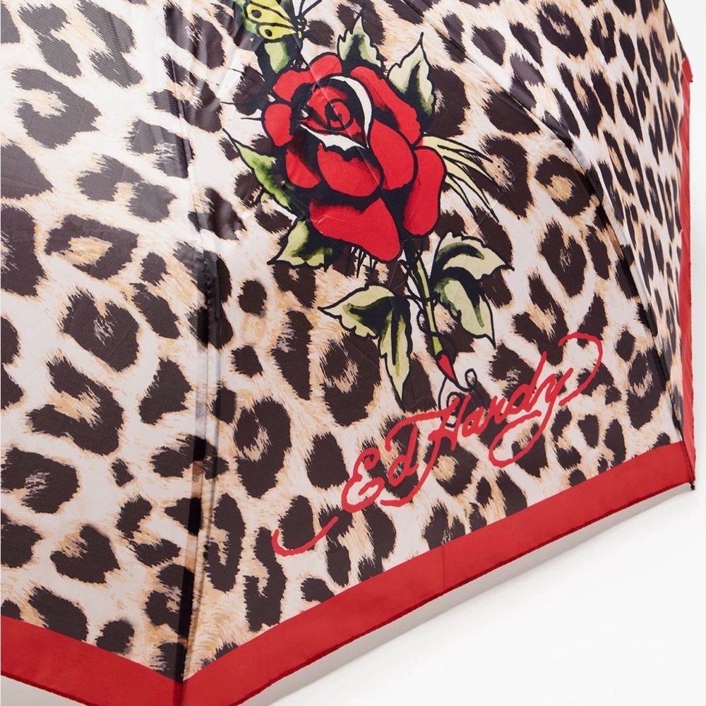 Ed Hardy Leopard Print Umbrella Rose & Tiger Graphic | Auto Open